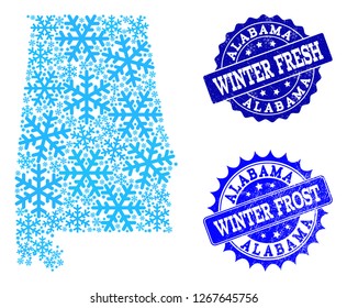 Snowed map of Alabama State and distress stamp seals in blue colors with Winter Fresh and Winter Frost titles. Mosaic map of Alabama State is composed with ice elements.