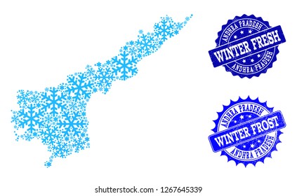 Snowed map of Andhra Pradesh State and scratched stamp seals in blue colors with Winter Fresh and Winter Frost captions. Mosaic map of Andhra Pradesh State is formed with snow flakes.