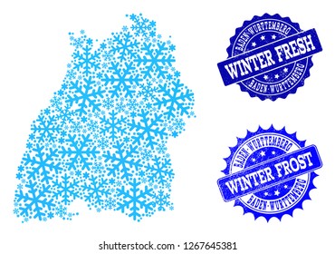 Snowed map of Baden-Wurttemberg State and scratched stamp seals in blue colors with Winter Fresh and Winter Frost titles. Mosaic map of Baden-Wurttemberg State is created with ice elements.