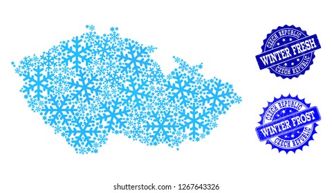 Snowed map of Czech Republic and grunge stamp seals in blue colors with Winter Fresh and Winter Frost captions. Mosaic map of Czech Republic is created with ice elements.