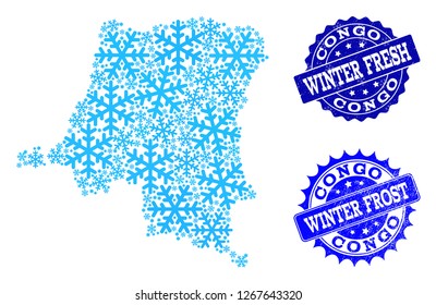 Snowed map of Democratic Republic of the Congo and scratched stamp seals in blue colors with Winter Fresh and Winter Frost captions.