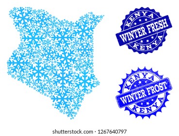 Snowed map of Kenya and grunge stamp seals in blue colors with Winter Fresh and Winter Frost captions. Mosaic map of Kenya is designed with icy parts.
