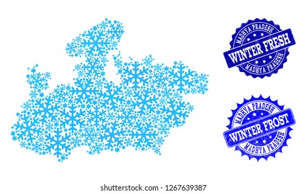 Snowed map of Madhya Pradesh State and scratched stamp seals in blue colors with Winter Fresh and Winter Frost texts. Mosaic map of Madhya Pradesh State is formed with ice elements.