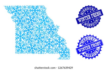 Snowed map of Missouri State and rubber stamp seals in blue colors with Winter Fresh and Winter Frost titles. Mosaic map of Missouri State is created with ice elements.