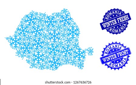 Snowed map of Romania and rubber stamp seals in blue colors with Winter Fresh and Winter Frost titles. Mosaic map of Romania is formed with ice elements.