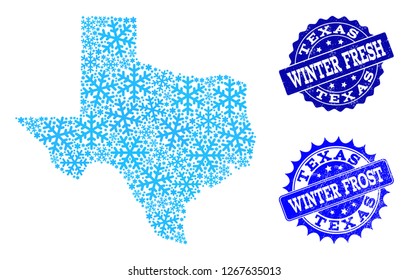 Snowed map of Texas State and grunge stamp seals in blue colors with Winter Fresh and Winter Frost titles. Mosaic map of Texas State is formed with ice elements.