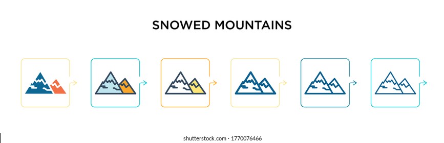 Icono vector de montañas nevadas en 6 estilos modernos diferentes. Iconos negros, de dos coloridos montañas nevadas diseñados en el estilo relleno, contorno, línea y trazo. La ilustración vectorial puede utilizarse para la web, 