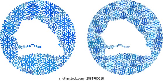 Snowed Senegal map mosaic is created with sphere and stencil. Vector Senegal map mosaic of ice particles in variable sizes and blue color hues. Created for winter proclamations.
