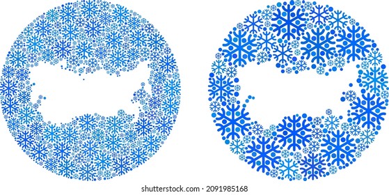 Snowed Soviet Union map mosaic is created with sphere and subtracted shape. Vector Soviet Union map mosaic of snow ojects in different sizes and blue color hues. Created for winter promotion.