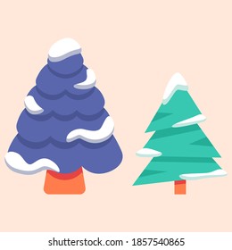 Snowed spruce trees on pale beige backdrop. Christmas holiday postcard for invitation or gift card, notebook, bath tile, scrapbook. Phone case or cloth print. Flat style stock vector illustration