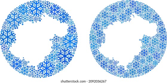 Snowed Teruel Province map collage created with sphere and subtracted shape. Vector Teruel Province map collage of snowflake ojects in variable sizes and blue shades. Created for New Year templates.