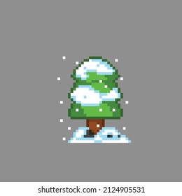 snowed tree in pixel art style