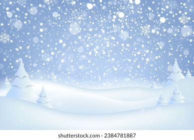 Snowfall Background With Blue Sky And Fir Tree With Gradient Mesh, Vector Illustration




