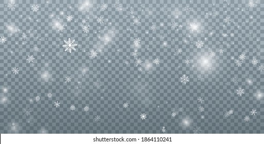 Snowfall background. Christmas snow. Falling snowflakes on transparent background. Xmas holiday decoration. Vector illustration