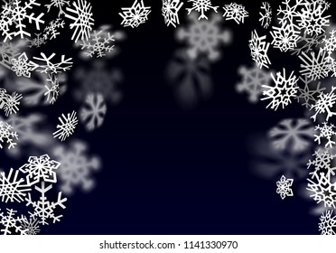 Snowfall background. Falling transparent snow with big spinning snowflakes