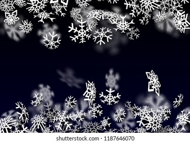 Snowfall background. Falling transparent snow with big spinning snowflakes