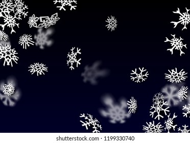 Snowfall background. Falling transparent snow with big spinning snowflakes