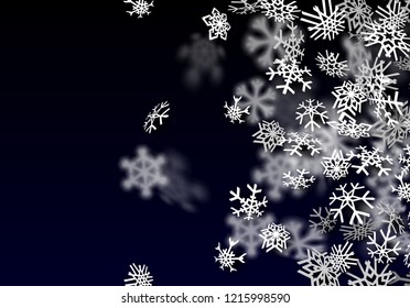 Snowfall background. Falling transparent snow with big spinning snowflakes