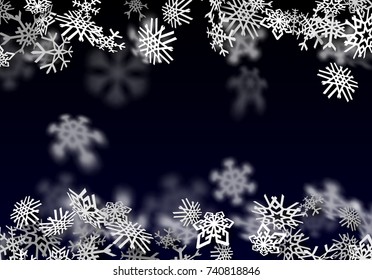 Snowfall background. Falling transparent snow with big spinning snowflakes. Snow storm with deep perspective over dark backdrop