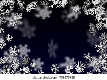 Snowfall background. Falling transparent snow with big spinning snowflakes