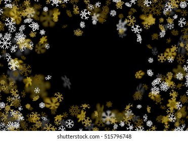 Snowfall background with golden snowflakes blurred in perspective