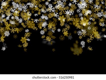 Snowfall background with golden snowflakes blurred in perspective