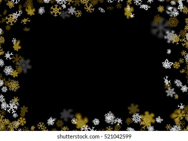 Snowfall background with golden snowflakes blurred in perspective