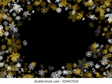 Snowfall background with golden snowflakes blurred in perspective