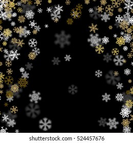 Snowfall background with golden snowflakes blurred in perspective