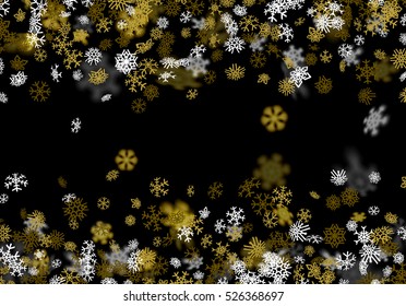 Snowfall background with golden snowflakes blurred in perspective