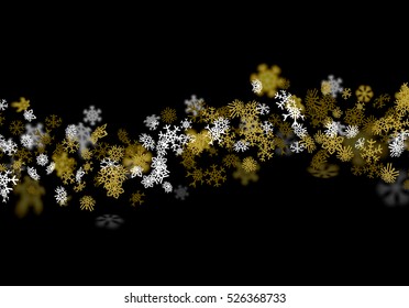 Snowfall background with golden snowflakes blurred in perspective