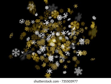 Snowfall background with golden snowflakes blurred in perspective