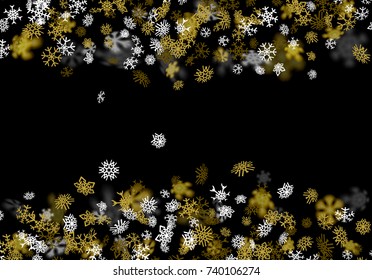 Snowfall background with golden snowflakes blurred in perspective