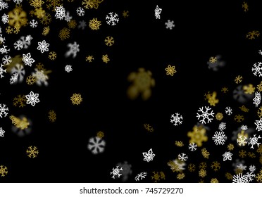 Snowfall background with golden snowflakes blurred in perspective