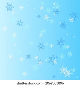 fondo de nevada. hojuelas de nieve aleatorias ilustraciones de azul claro y blanco sobre azul.