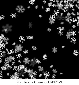 Snowfall background with snowflakes blurred in perspective