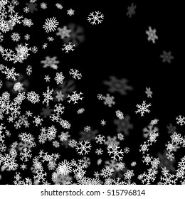 Snowfall background with snowflakes blurred in perspective