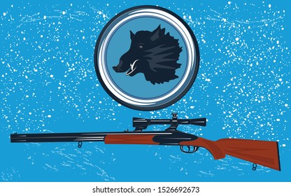 Snowfall. Boar head in a round frame. Gun. - illustration, vector. Winter photo shoot. Rest at nature.