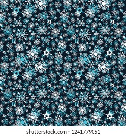 Snowfall. A lot of bright snowflakes on the dark. Seamless pattern.
