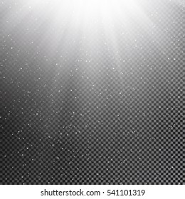 Snowfall and bright sun rays on transparent background. Vector light effect for Christmas graphics decoration