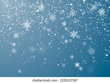 Snowfall Christmas background. Flying snow flakes and stars on winter sky background. Winter wite snowflake overlay template. Vector illustration