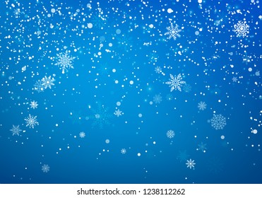 Snowfall Christmas background. Flying snow flakes and stars on winter blue sky background. Winter wite snowflake overlay template. Vector illustration