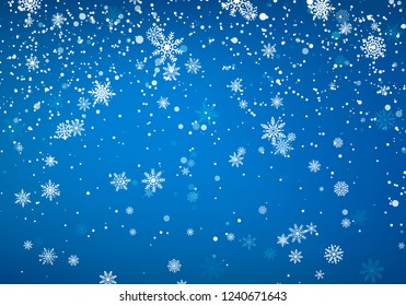 Snowfall Christmas background. Flying snow flakes and stars on winter blue sky background. Winter wite snowflake template. Vector illustration
