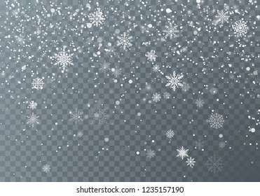 Snowfall. Christmas snow. Falling snowflakes on dark transparent background. Xmas holiday background. Vector illustration