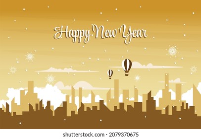 Snowfall City Building New Year Celebration Card Vector Illustration