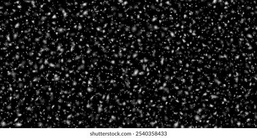 Snowfall from dark night sky as a seamless pattern. Vector illustration with overlay snow flakes and transparent elements. Cold winter