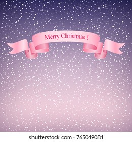 Snowfall at Dawn Snow Falls from the Sky White Snowflakes on Purple Background with Pink Ribbon Merry Christmas Vector Illustration