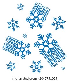 Snowfall of discounts, decorative background.
Illustration of snowflakes with ean code symbolizing falling prices. Vector available.