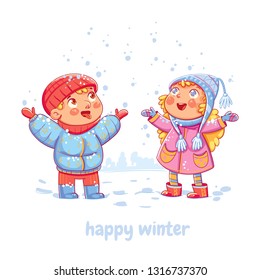 Snowfall. Сhildren enjoy the snow. Boy catching snowflakes on his tongue in the wintertime. Funny cartoon character. Vector illustration. Isolated on white background