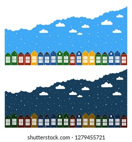 Snowfall in european town day and night